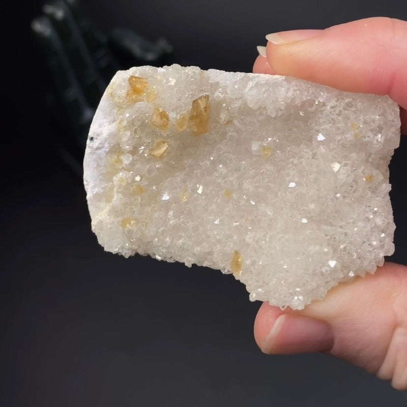 Phosphorescent Golden Honey Calcite Crystals on Druzy Quartz in Basalt Pocket