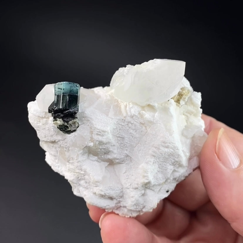Bicolor Blue & Green Tourmaline with Quartz Crystals on a Feldspar Matrix