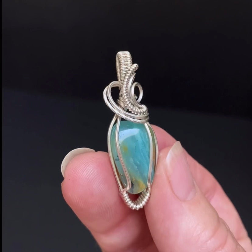 Peruvian Blue Andean Opal & Sterling Silver Wire Wrapped Pendant