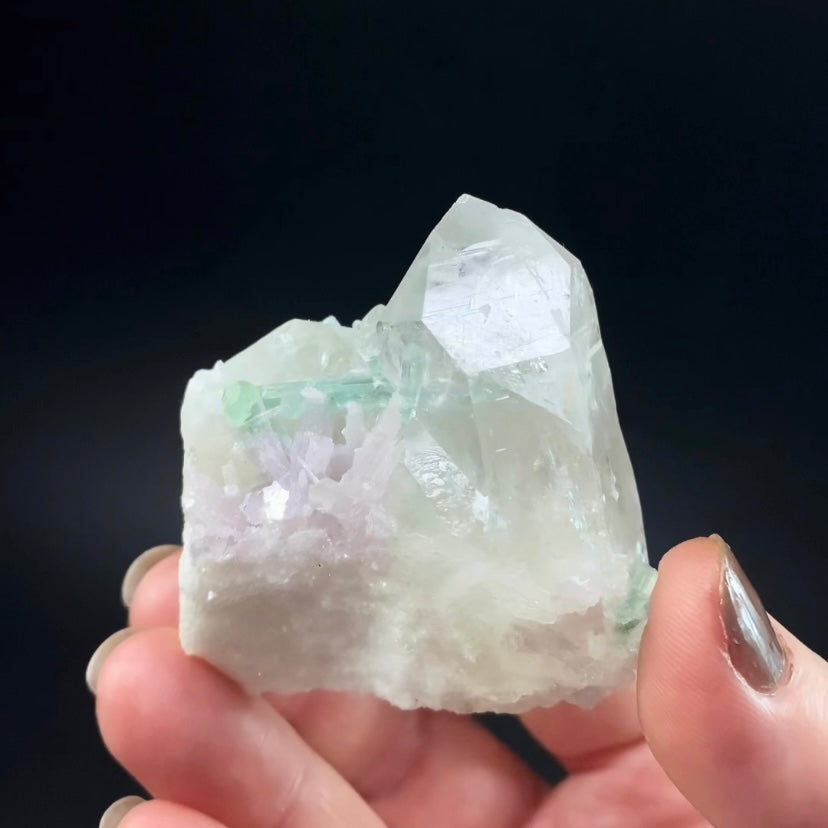 Green Tourmaline Crystals with Lepidolite on a Clear Quartz Cluster