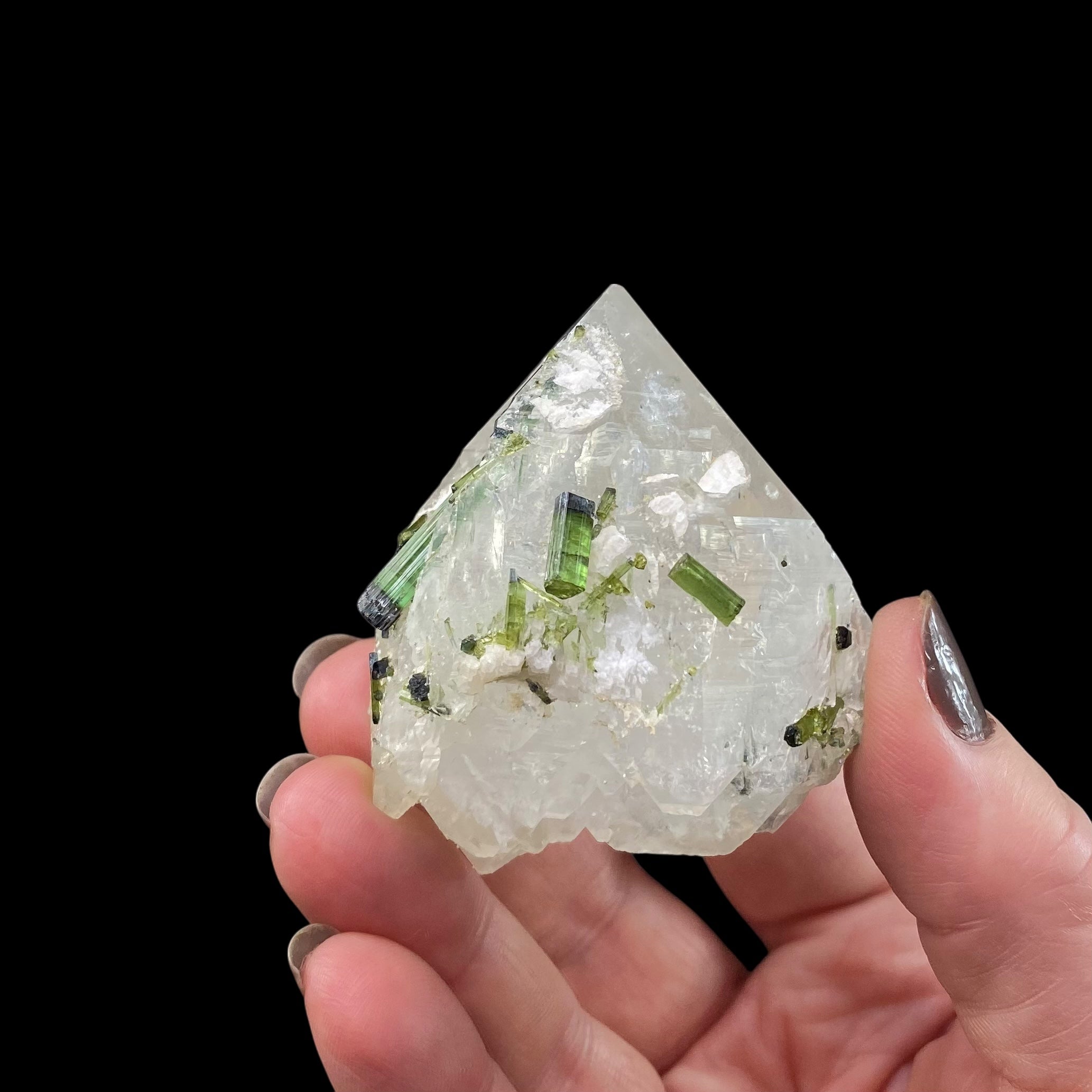 Bicolor Green Tourmaline Crystals on Double Terminated Quartz Crystal, Laghman, Afghanistan