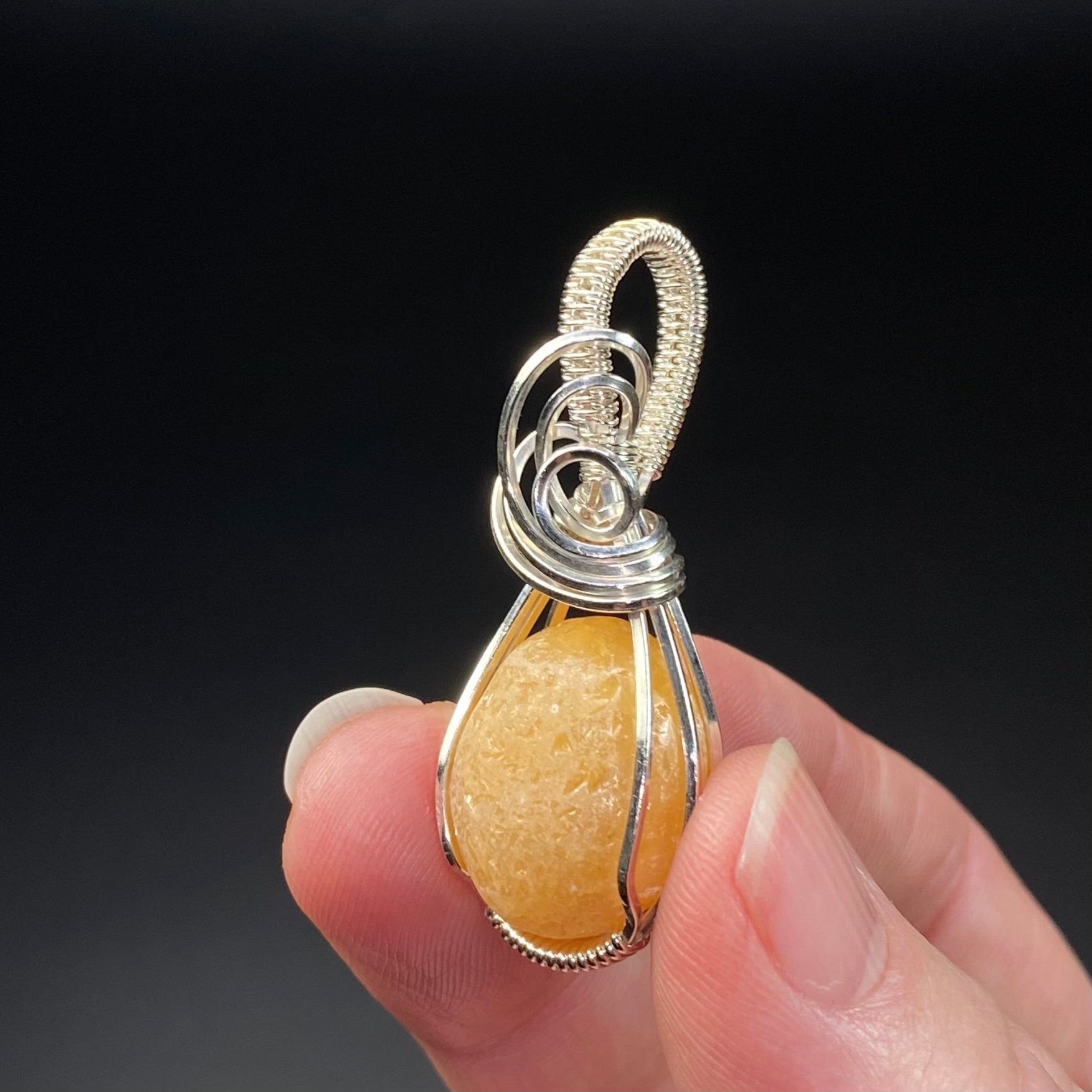 Yellow Orange Calcite Concretion & Sterling Silver Wire Wrapped Pendant