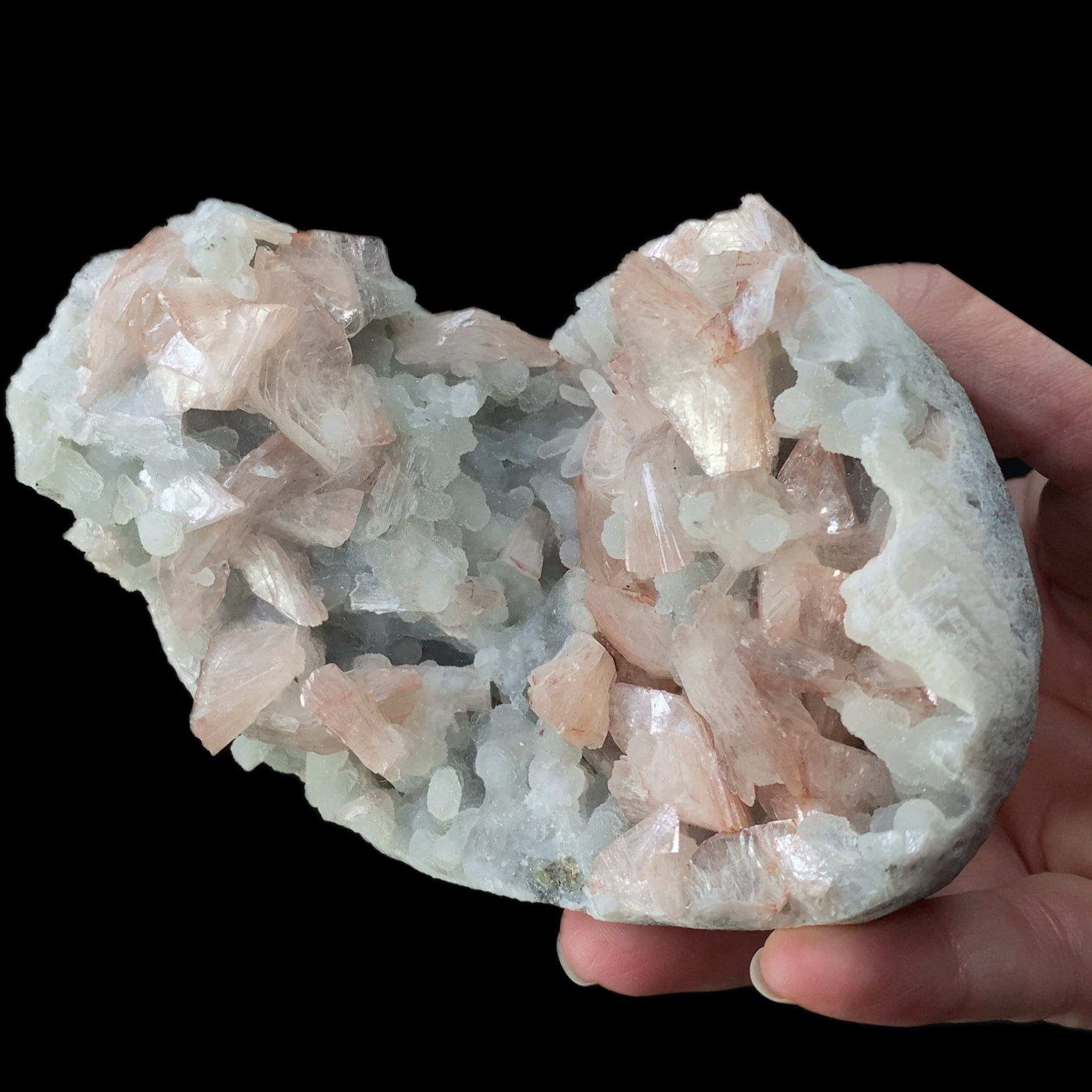 Pink Gemmy Heulandite Crystals with Chalcedony in a Trimmed Basalt Pocket