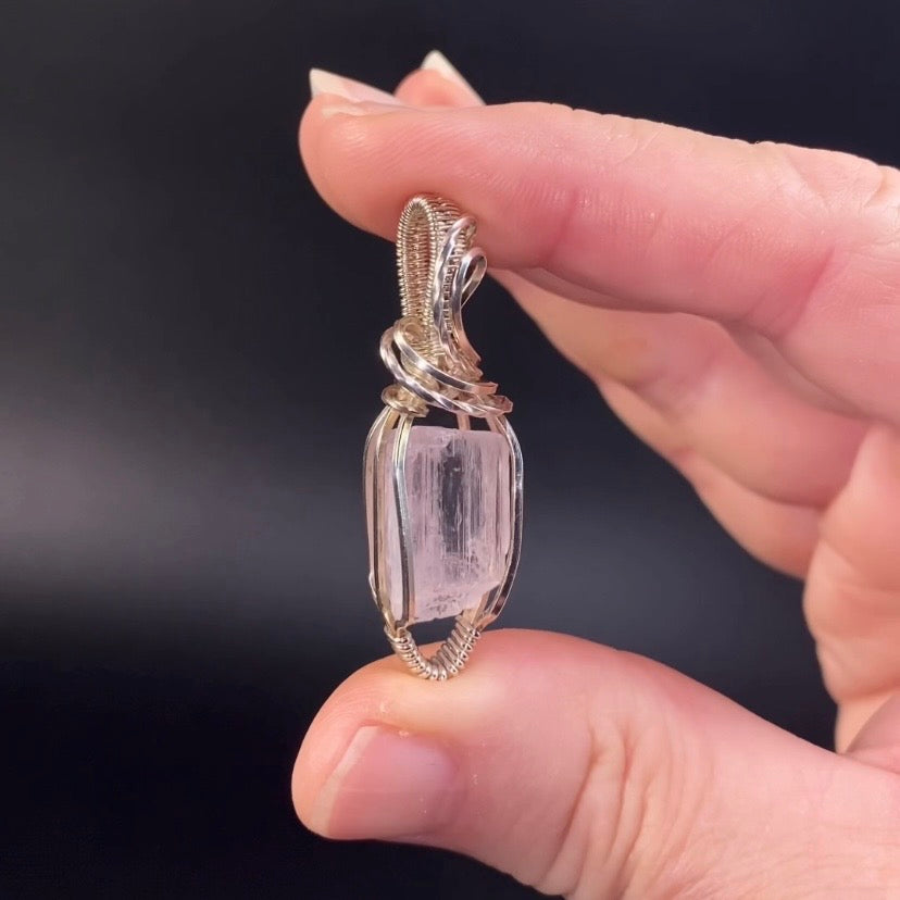Pink Spodumene Kunzite & Sterling Silver Wire Wrapped Pendant - Fluorescent