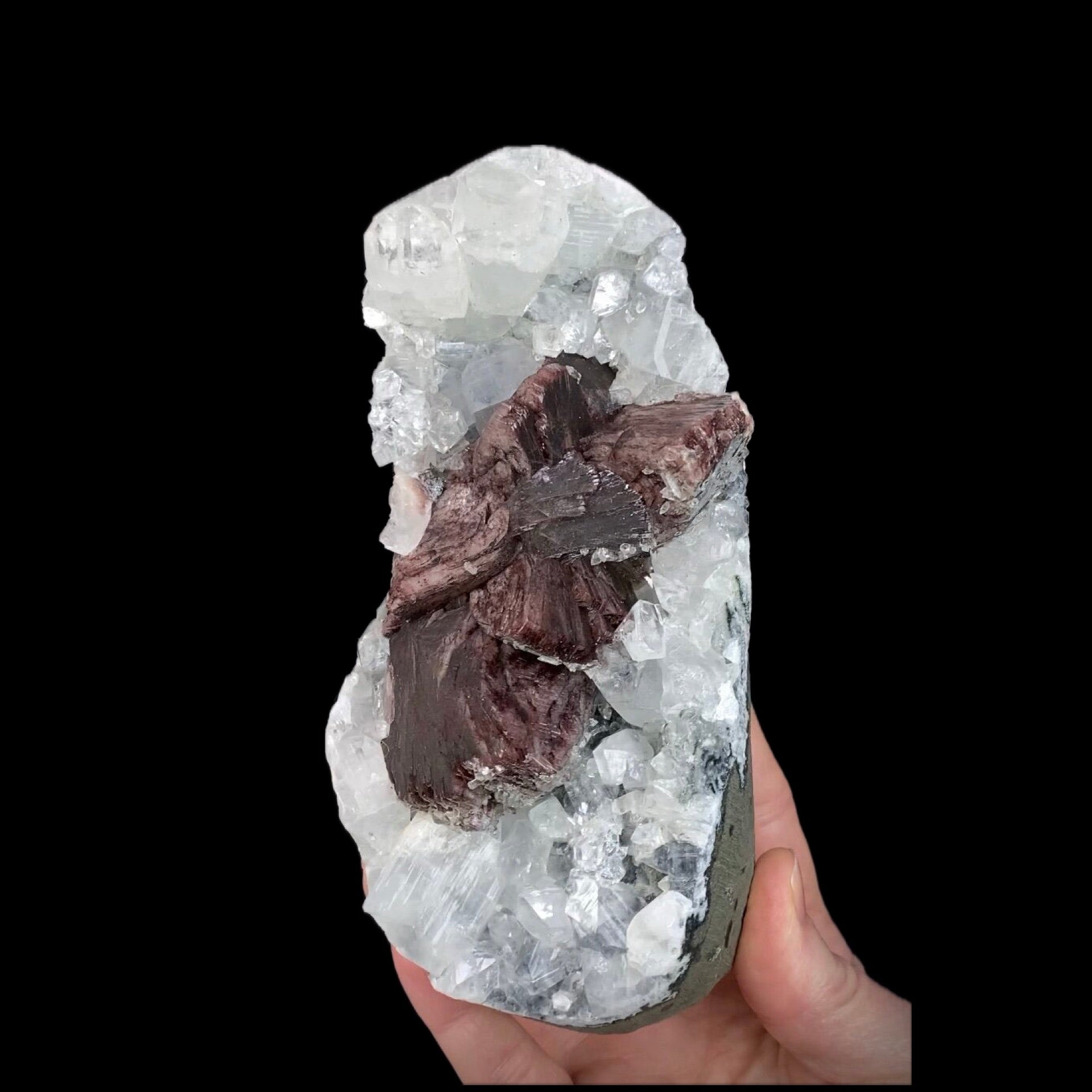 Rare Brown Heulandite Fans with Clear Apophyllite Crystals & Stalactite Chalcedony in a Trimmed-out Pocket of Volcanic Basalt Matrix