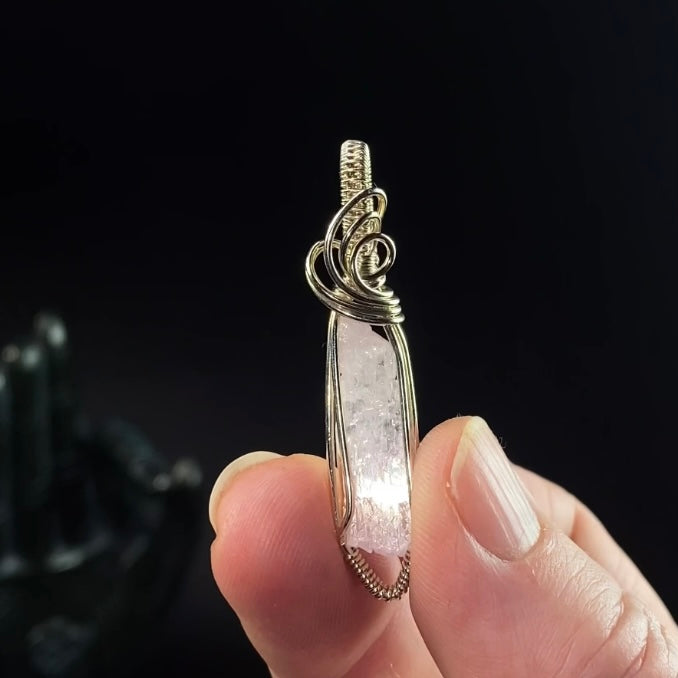 Fluorescent Spodumene Kunzite & Sterling Silver Wire Wrapped Pendant