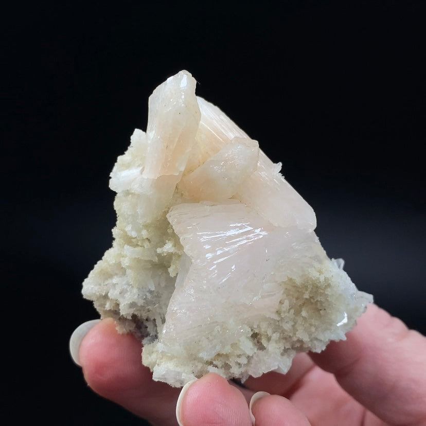 Light Pink Gemmy Heulandite Crystals with Light Peach Stilbite Crystals on a Base of Apophyllite