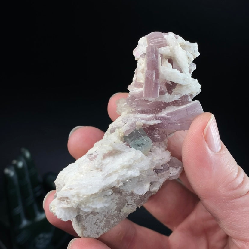 Blue Green Fluorescent Apatite Crystal with Lepidolite Mica and Clevelandite