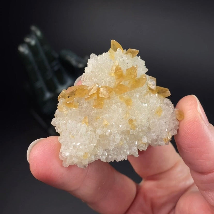 Phosphorescent Golden Feather Calcite Crystals on Druzy Quartz