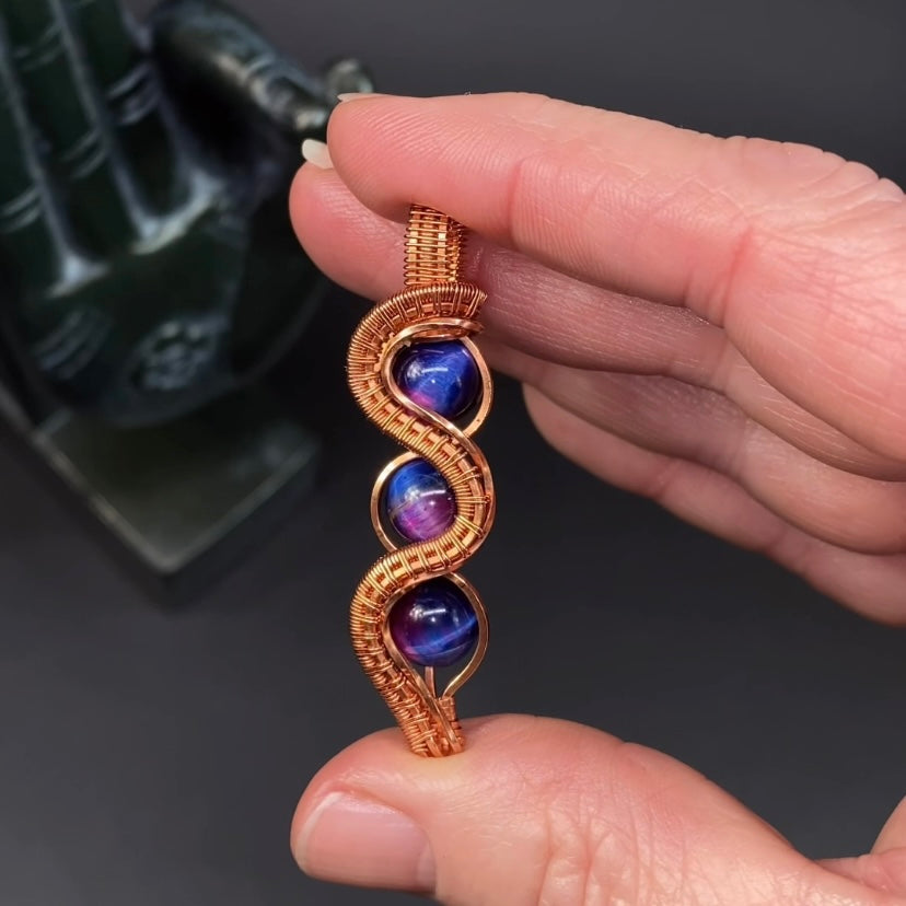 Blue & Pink Chatoyant Tiger Eye Wire Wrapped Pendant in Raw Copper