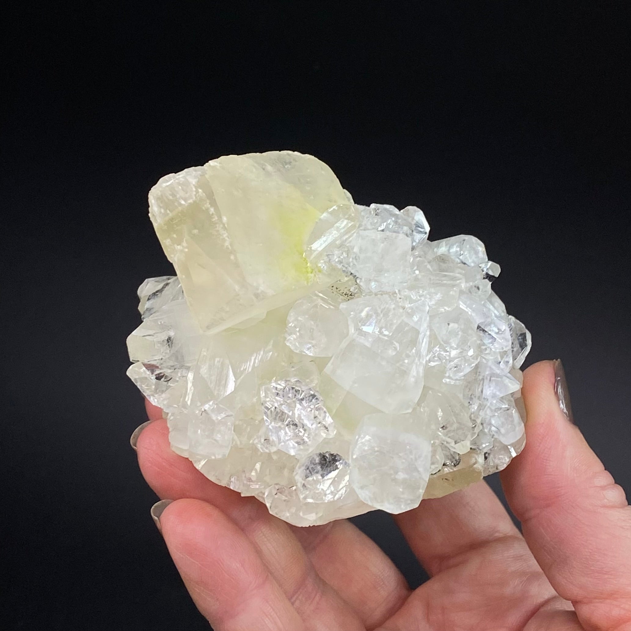 Clear Apophyllite Crystal Cluster with Yellow Calcite