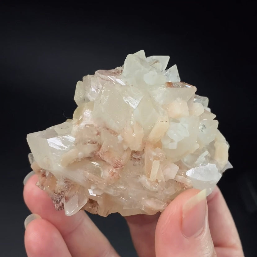 Clear Apophyllite Crystal Cluster with Hematite Inclusions and Stilbite