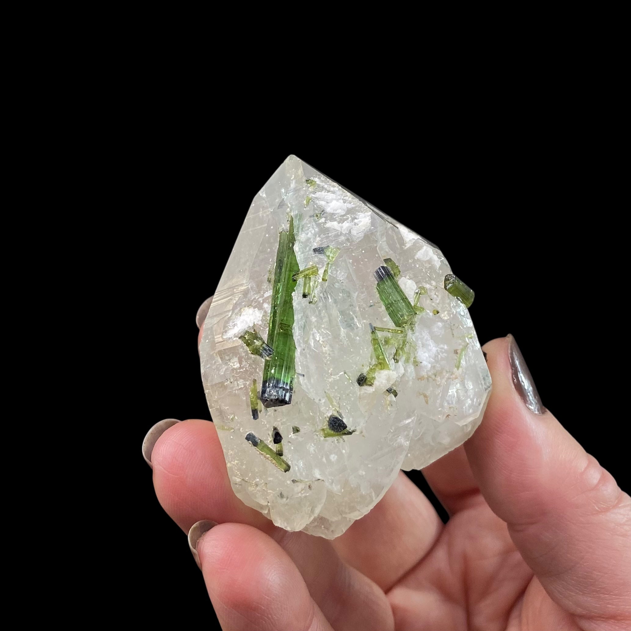 Bicolor Green Tourmaline Crystals on Double Terminated Quartz Crystal, Laghman, Afghanistan