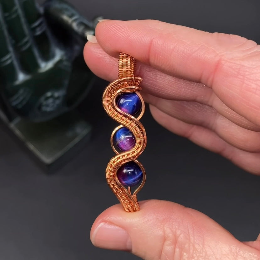 Blue & Pink Chatoyant Tiger Eye Wire Wrapped Pendant in Raw Copper