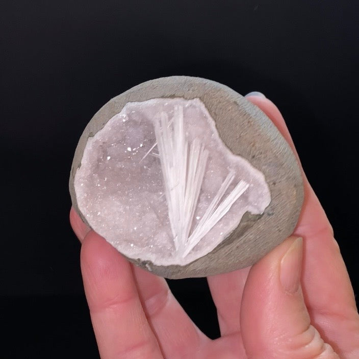 Radiating Scolecite Crystals with Quartz in Trimmed Basalt Pocket