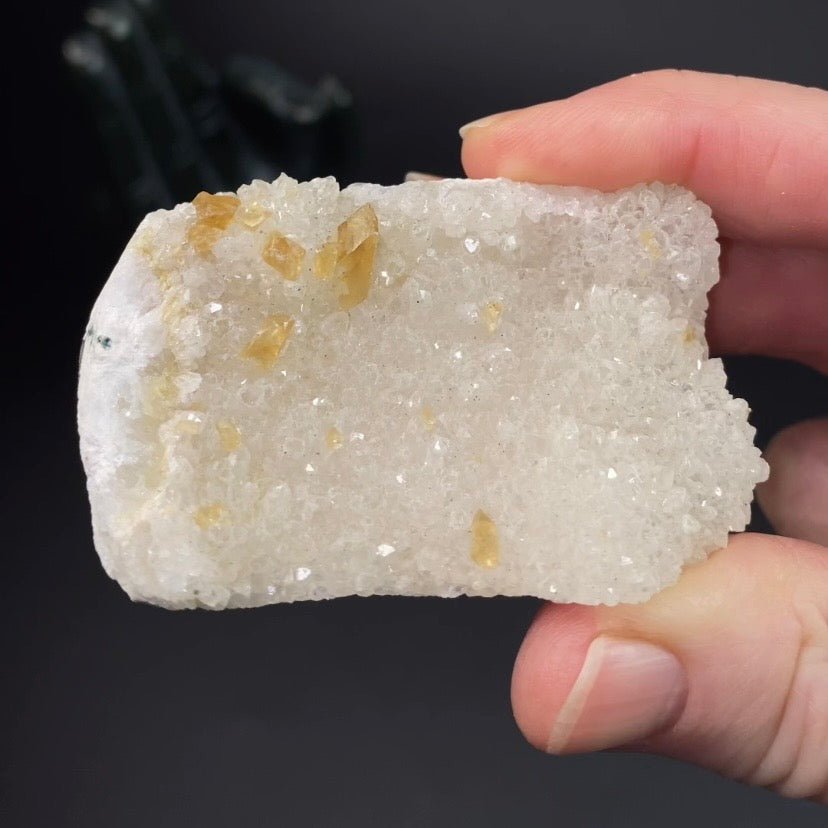 Phosphorescent Golden Honey Calcite Crystals on Druzy Quartz in Basalt Pocket