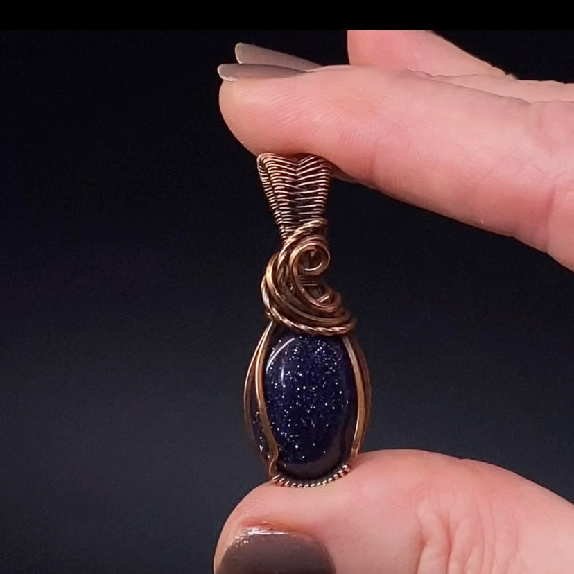 Sparkly Blue Goldstone & Copper Handmade Wire Wrapped Pendant