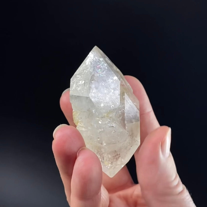 Double Terminated Quartz Crystal with Moving Water Bubble Enhydro Inclusion and Rainbows!