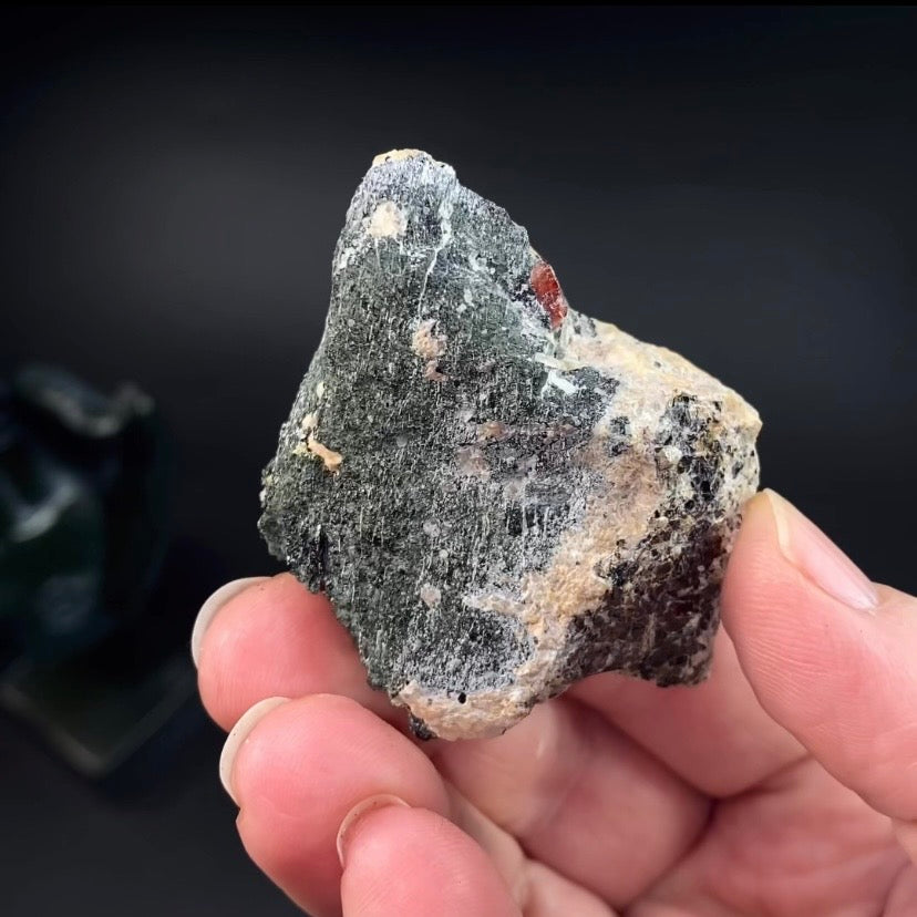 Zircon Crystal with Fluorescent Apatite Inclusions, Biotite-Calcite Aegirine matrix, Astore Valley, Pakistan