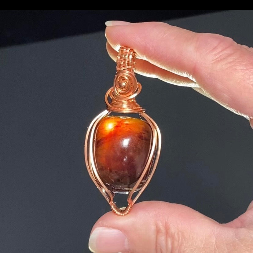 Honey Brown Sumatran Amber and Copper Wire Wrapped Pendant