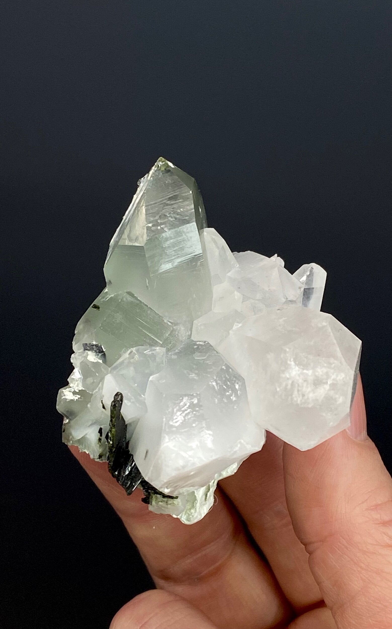 Quartz Crystal Cluster with Byssolite Inclusions & Dark Green Epidote