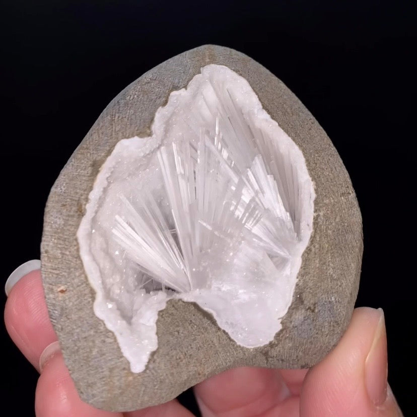 Radiating Scolecite Crystals with Quartz in Trimmed Basalt Pocket