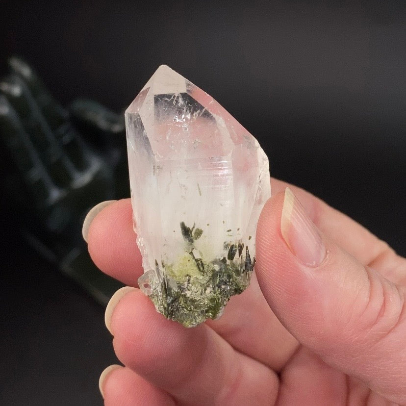 Grounding Quartz Crystal with Epidote Crystals & White Byssolite Whisps - Natural Crystals