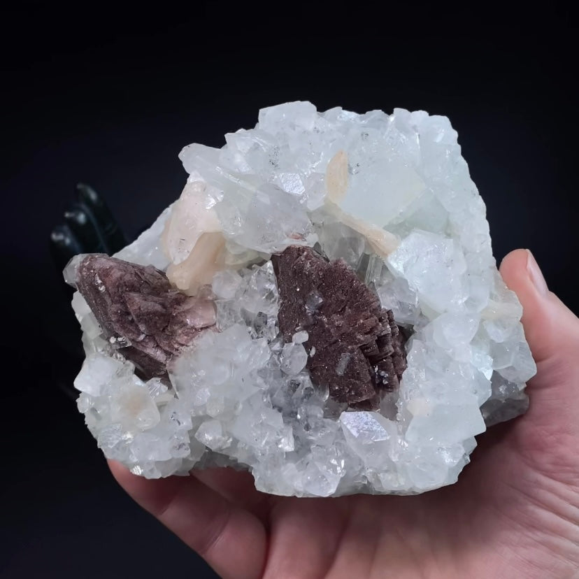 Red Brown Heulandite Fan with Clear Apophyllite Crystals & Stilbite in a Trimmed Pocket of Volcanic Basalt Matrix