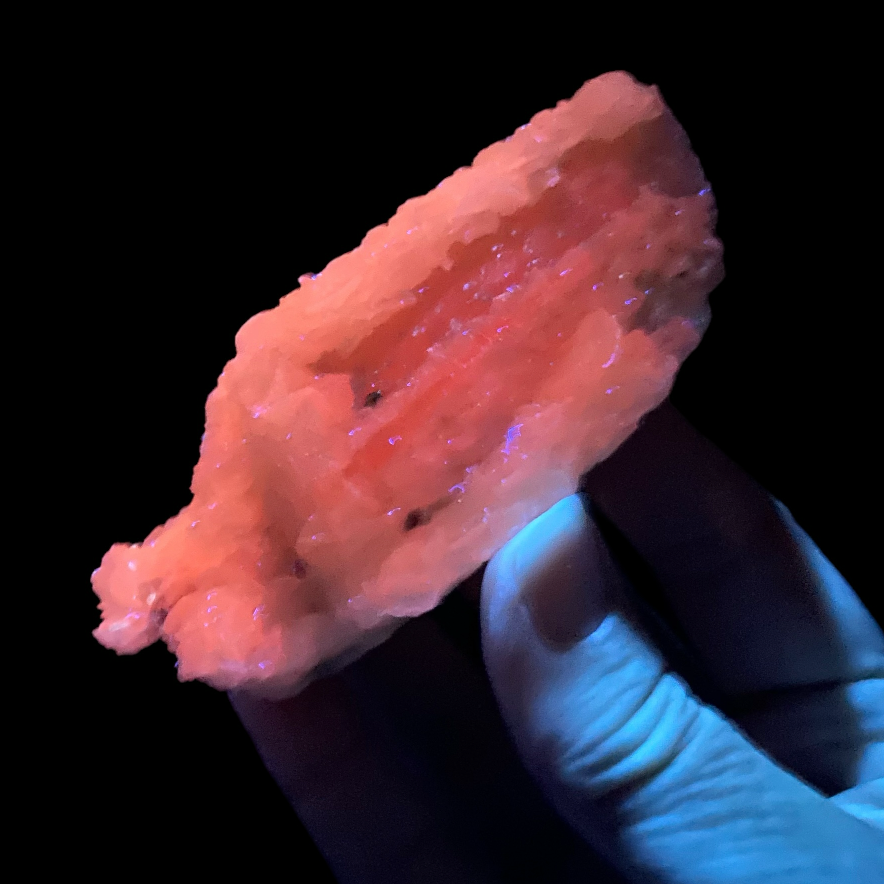 Fluorescent Mangano Calcite Covered in Clear Light Pink Calcite Crystals from Kosovo