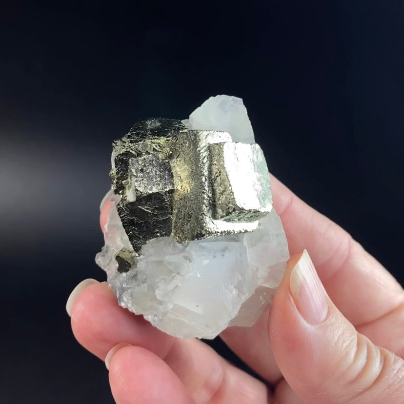 Cubic Pyrite & Fluorescent Calcite Cluster from Trepça Mines, Kosovo