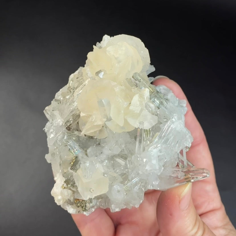 Fluorescent Calcite with Clear Quartz Crystals & Pyrite from Trepca Mine, Kosovo
