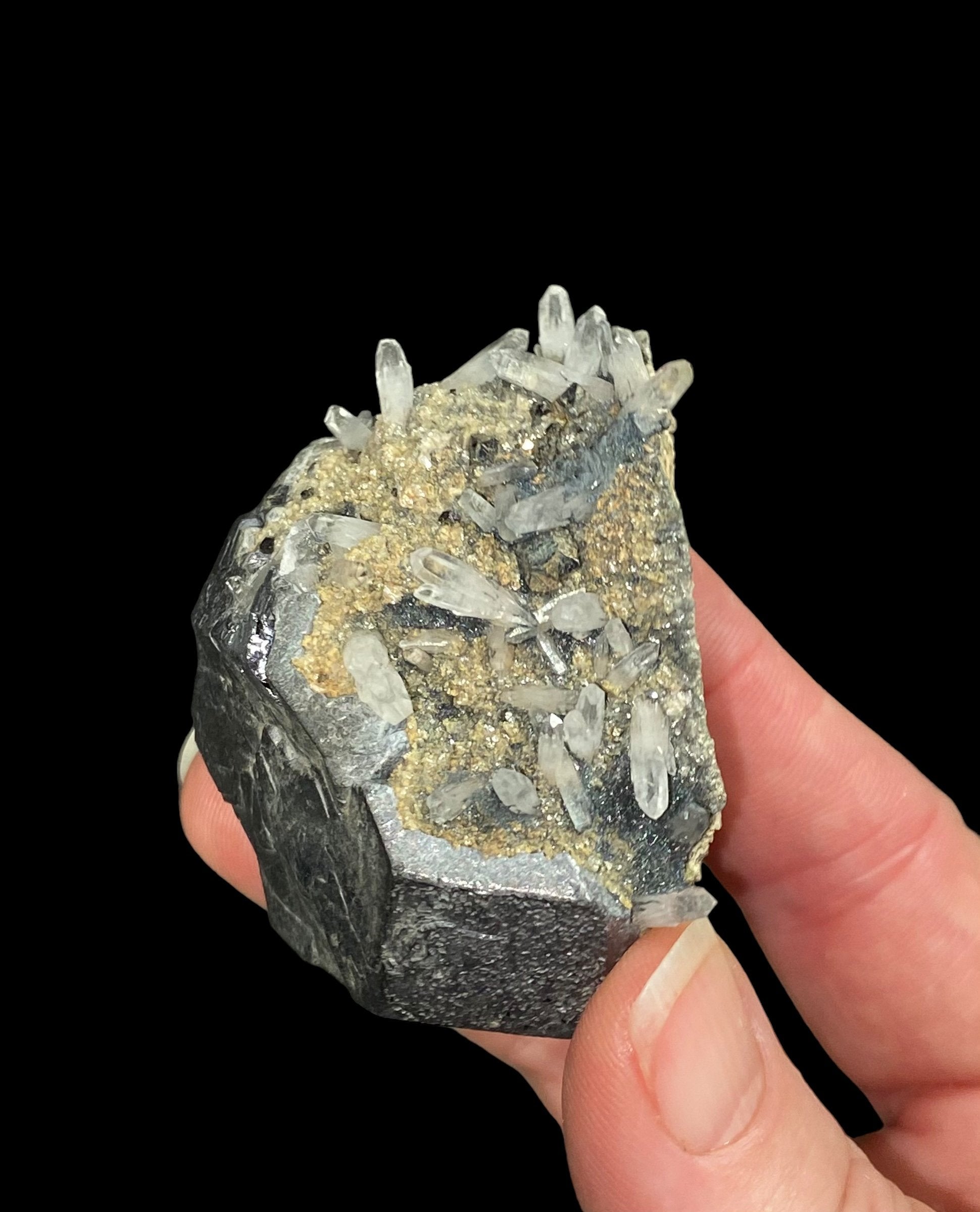 Kosovo Natural Galena Crystal Cluster with Clear Tipped Quartz Crystals and Tan Dolomite from Trepça Mines Kosovo