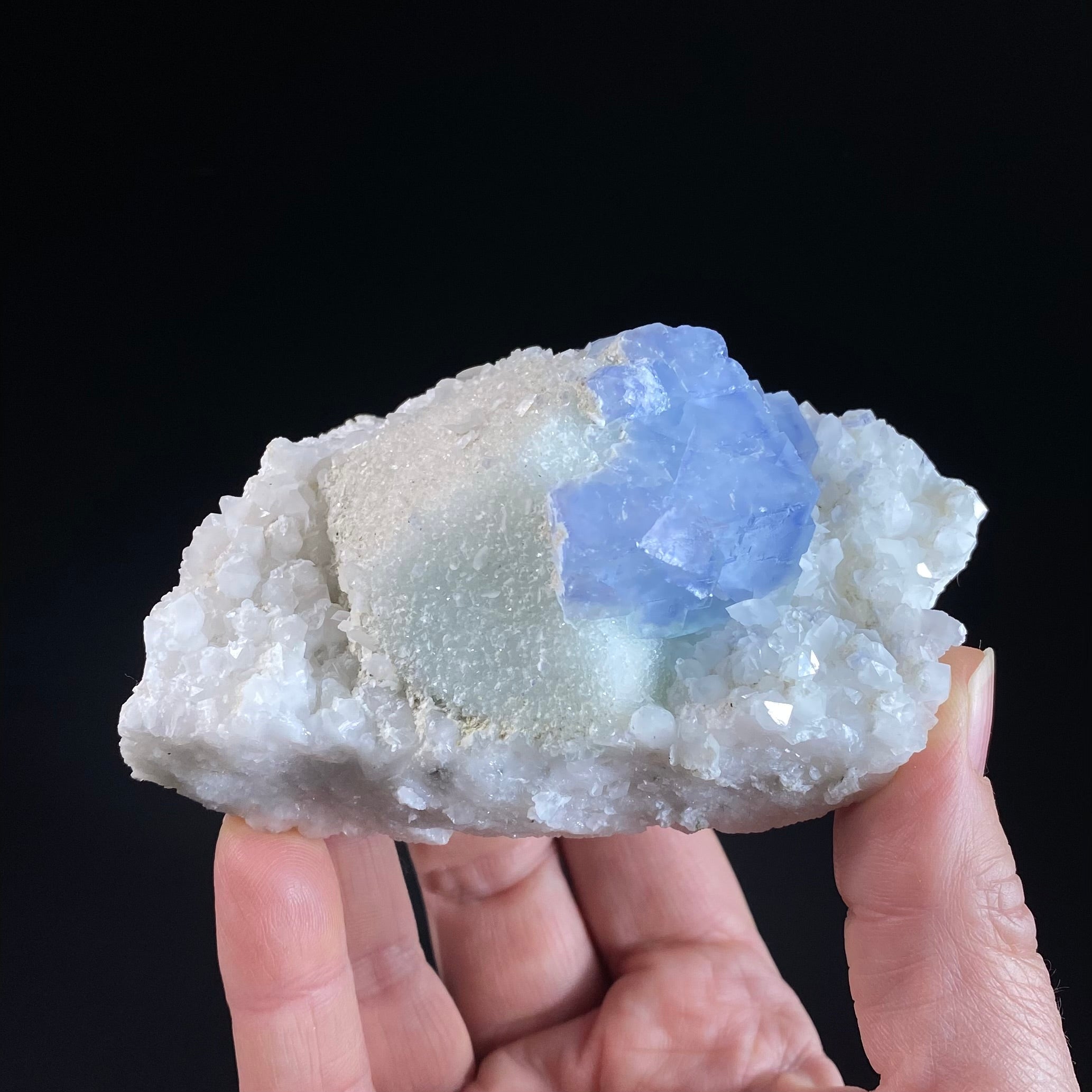 Blue Porcelain Fluorite Cluster with Quartz and Calcite, Yaogangxian Mine