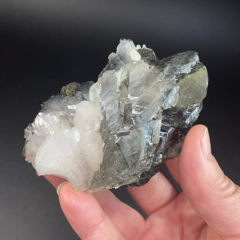 White Clear Heulandite Fan Cluster with Clear Calcite on Basalt Matrix