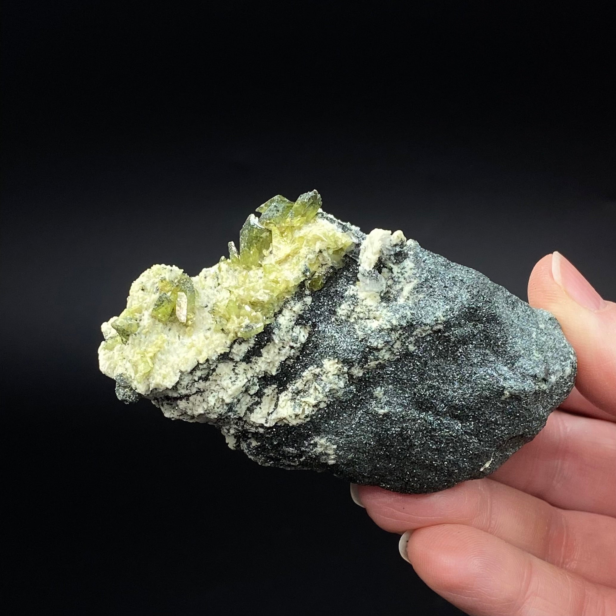 Green Alpine Type Titanite Sphene Crystals with Colusite, on Matrix