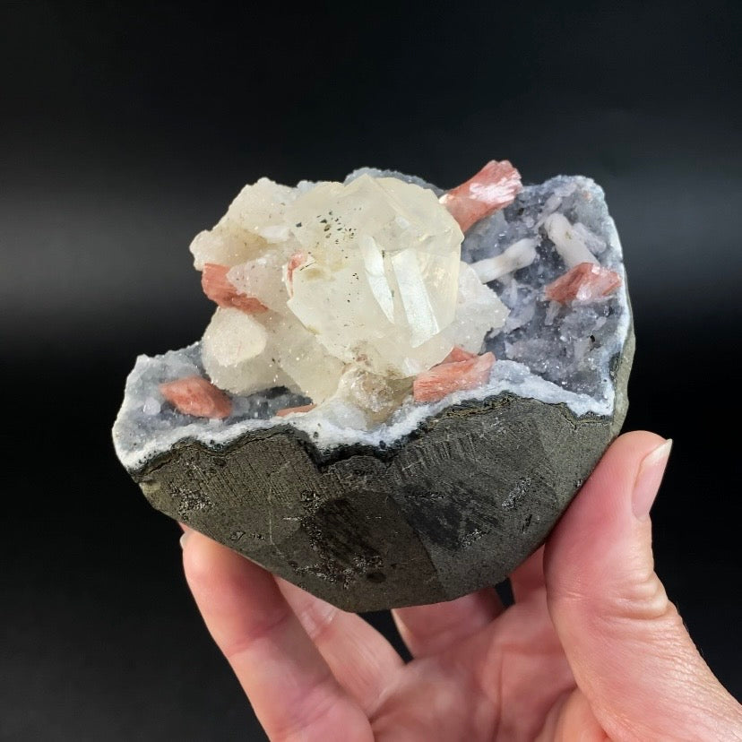 Phosphorescent Calcite Crystals with Druzy Quartz & Heulandite in Chalcedony Lined Basalt Pocket
