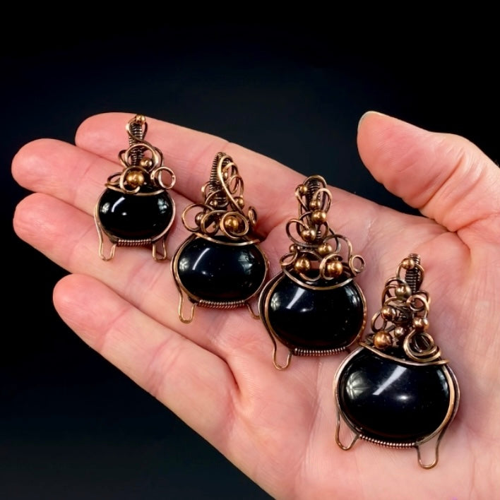 Bubbling Cauldron Black Onyx and Copper Wire Wrapped Pendant, Halloween Jewelry