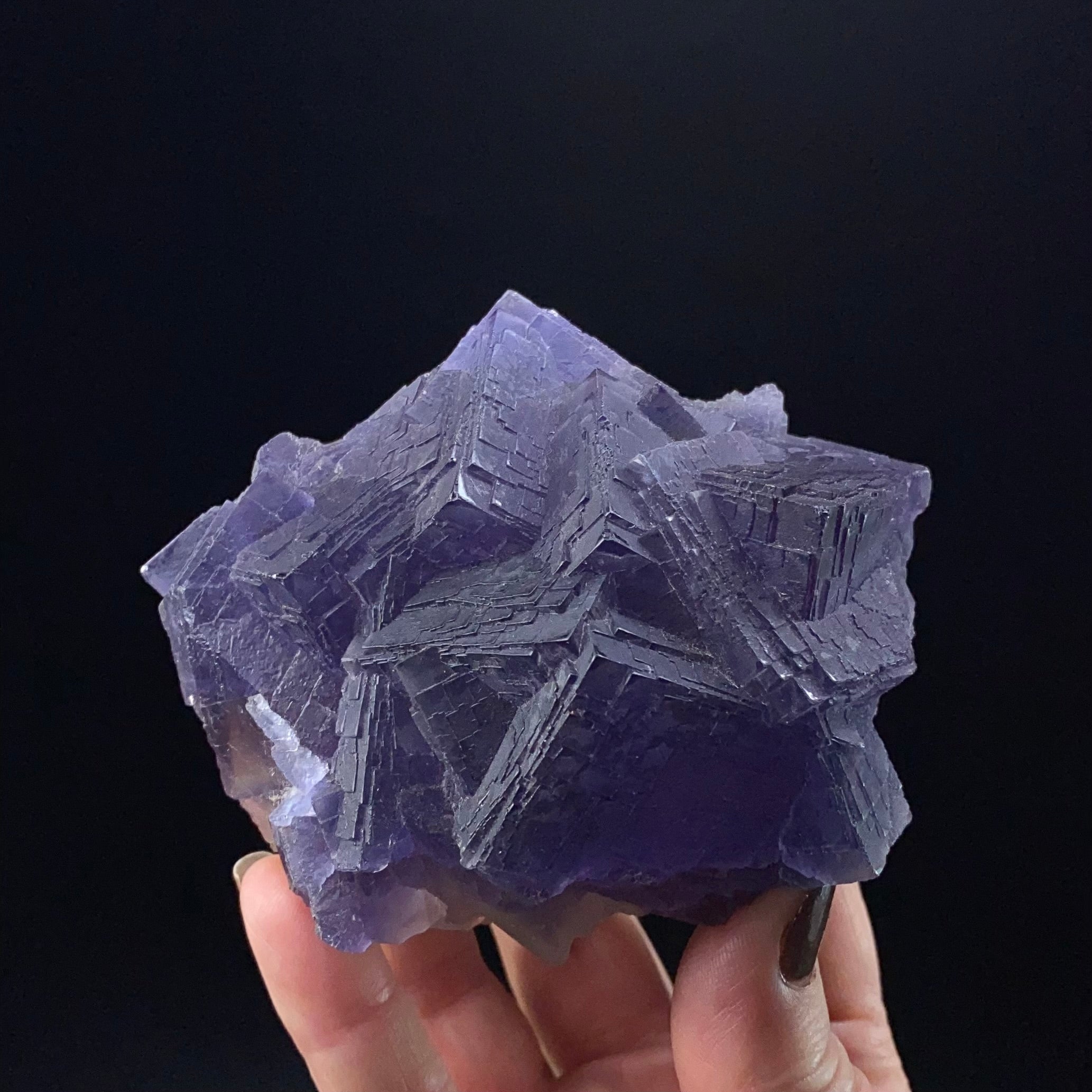 Purple and Gray Stepped Cubic Fluorite Cluster, Fluorescent