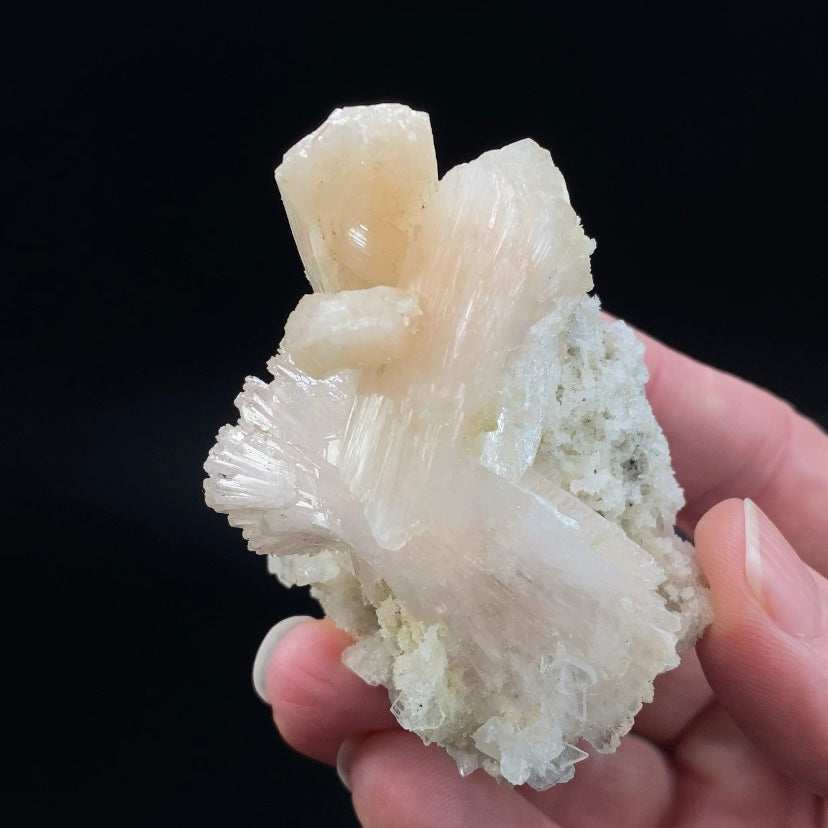 Light Pink Gemmy Heulandite Crystals with Light Peach Stilbite Crystals on a Base of Apophyllite