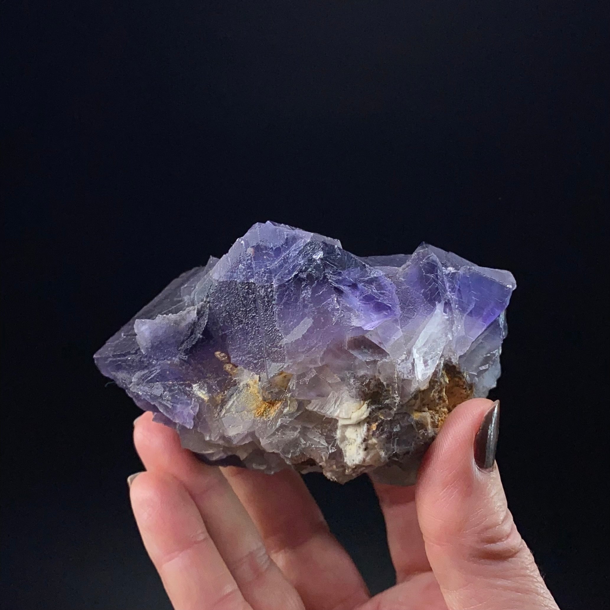 Purple and Gray Stepped Cubic Fluorite Cluster, Fluorescent