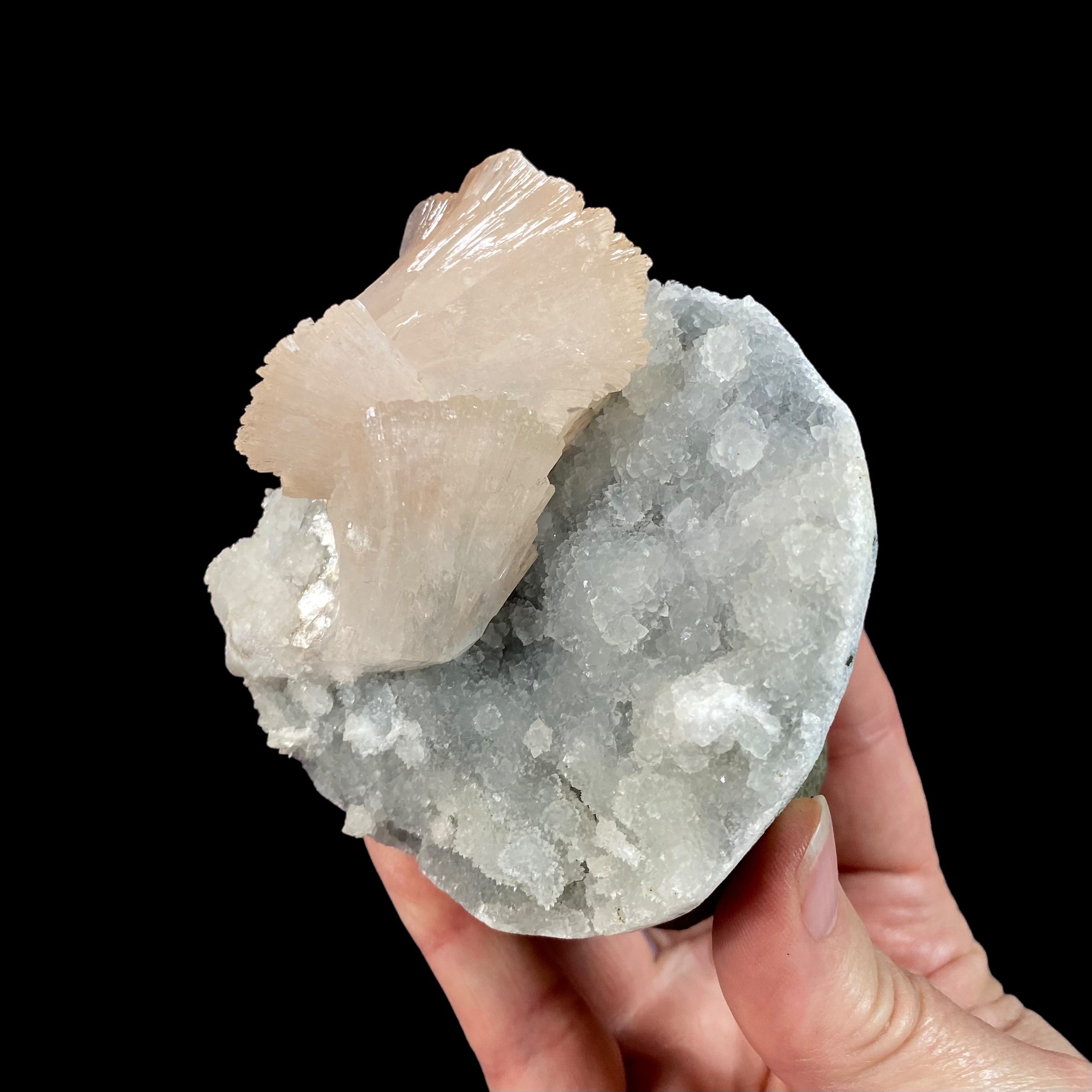 Light Pink Gemmy Heulandite & Minor Mordenite on Chalcedony in a Trimmed Basalt Pocket