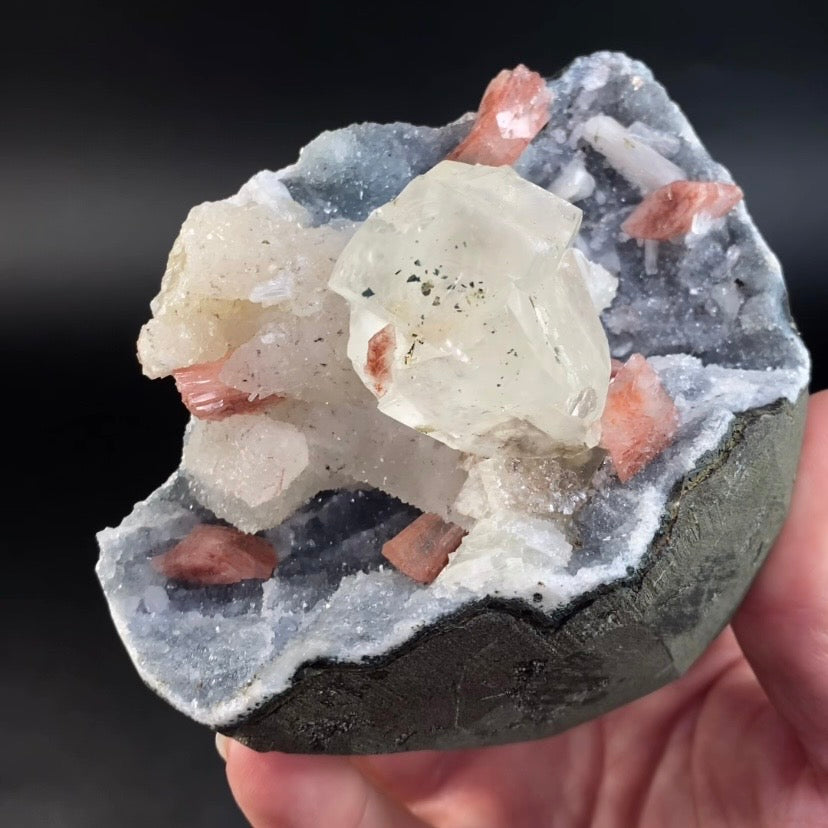 Phosphorescent Calcite Crystals with Druzy Quartz & Heulandite in Chalcedony Lined Basalt Pocket