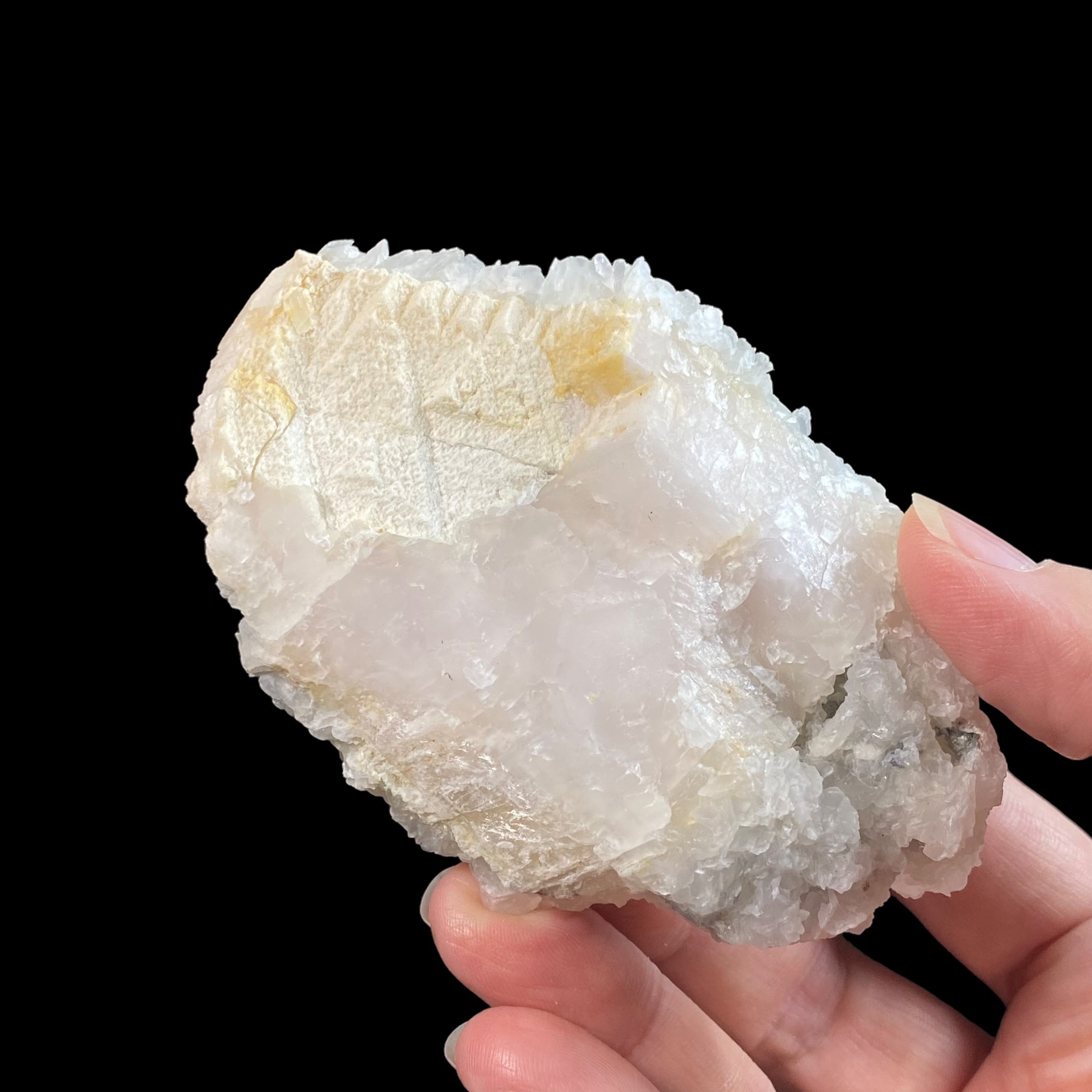 Fluorescent Mangano Calcite Covered in Clear Light Pink Calcite Crystals from Kosovo
