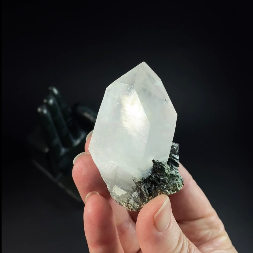 Double Terminated Byssolite Included Quartz Crystal with Dark Green Epidote