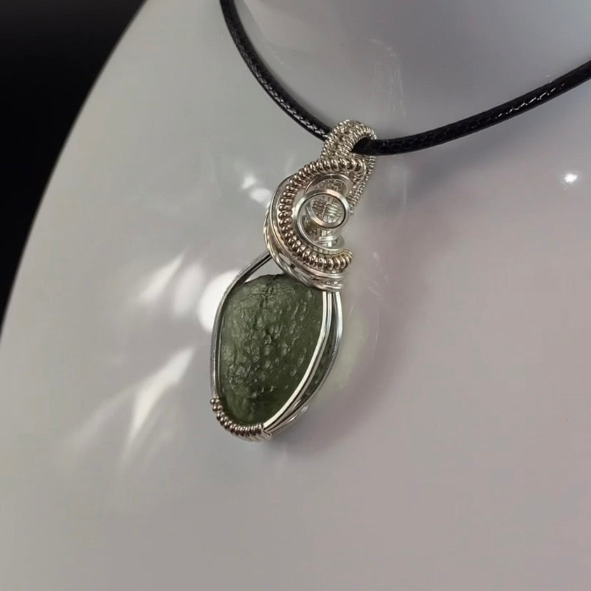 Moldavite Wire Wrapped Pendant in Sterling Silver Wire