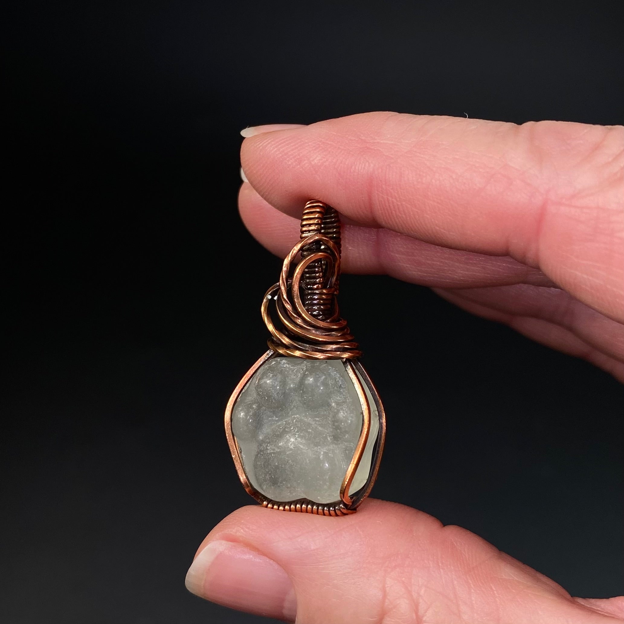 Green Fluorite Dog Paw Cabochon and Copper Wire Wrapped Pendant