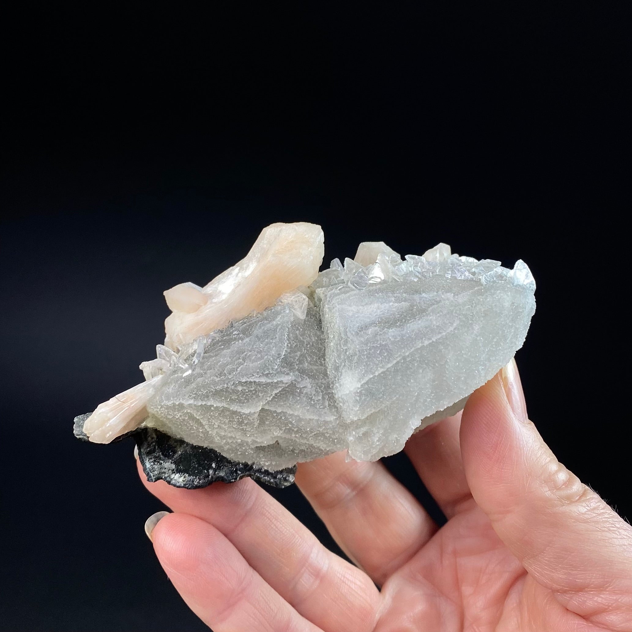Clear Heulandite Fans with Stilbite and Chalcedony Coated Calcite