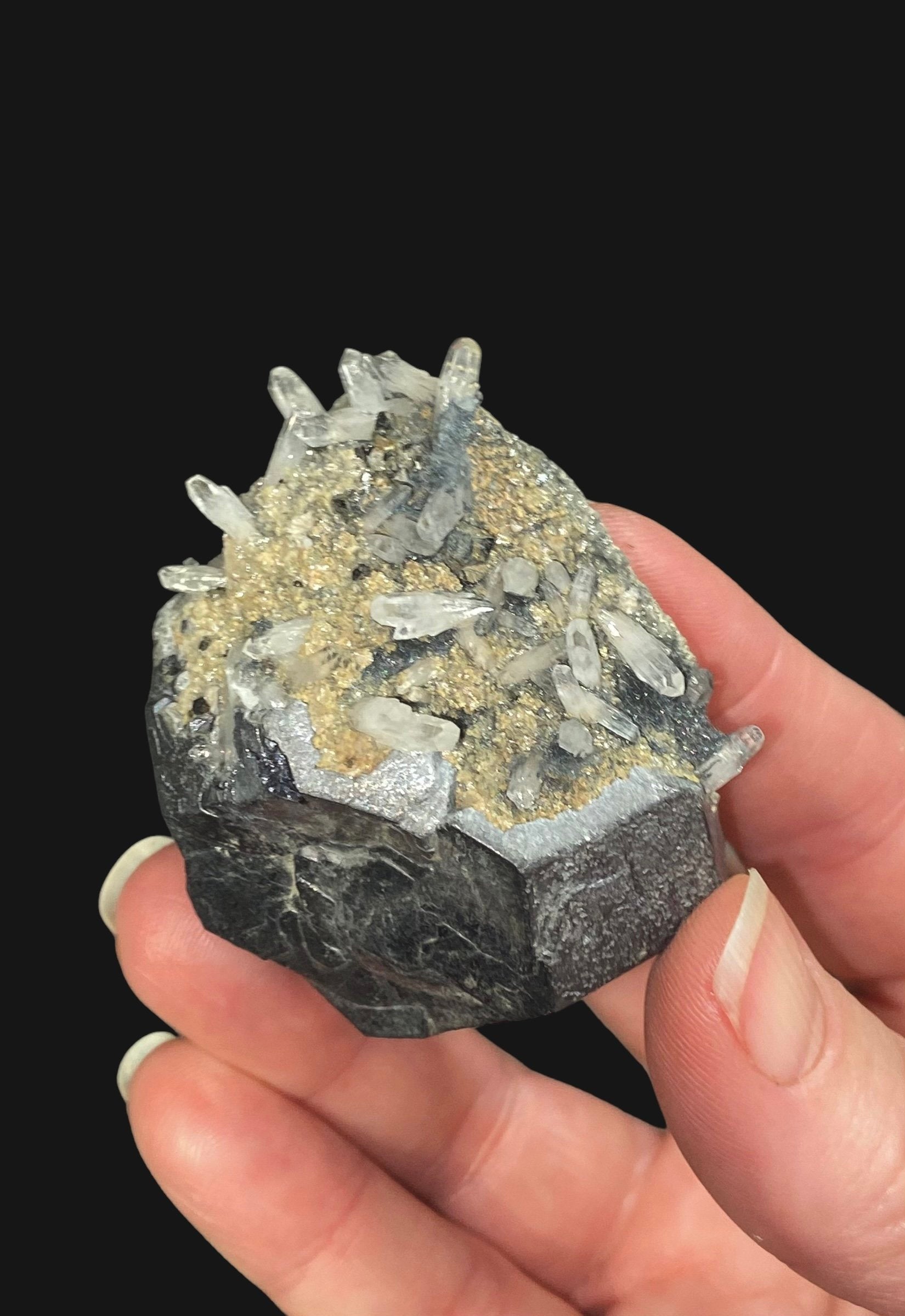 Kosovo Natural Galena Crystal Cluster with Clear Tipped Quartz Crystals and Tan Dolomite from Trepça Mines Kosovo