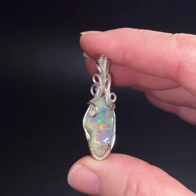 Ethiopian Welo Opal & Sterling Silver Wire Wrapped Pendant