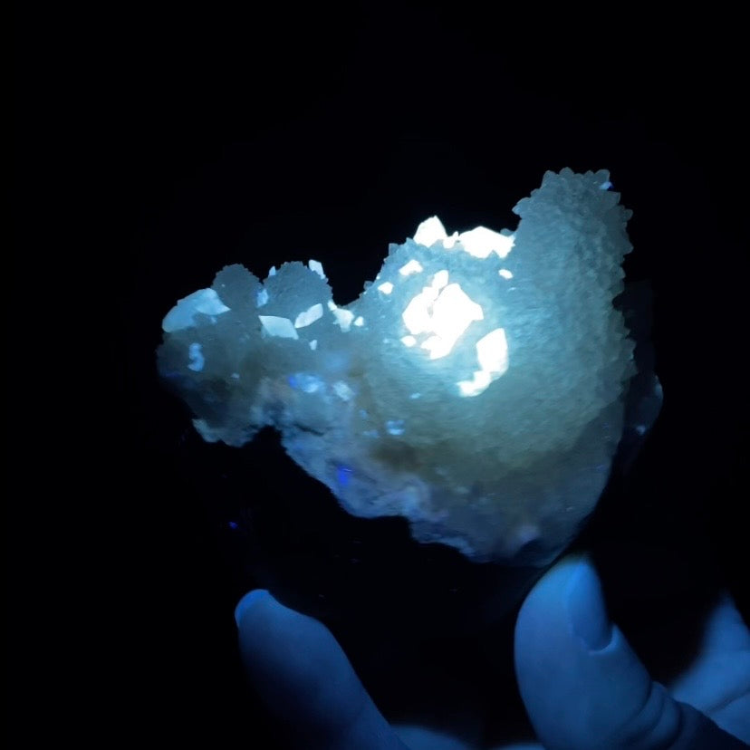 Phosphorescent Golden Honey Calcite Crystals on Druzy Quartz in Basalt Pocket